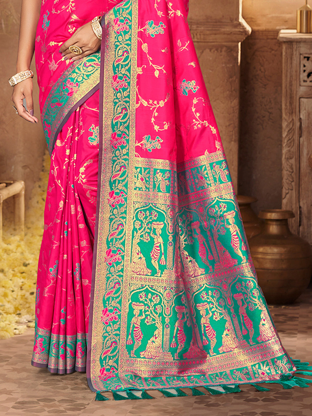 Sangam Prints Rani Pink Silk Woven Work Traditional Saree
