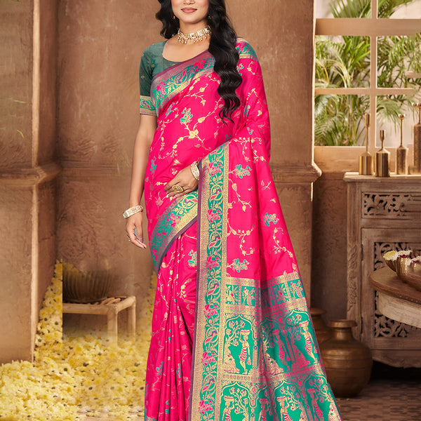 Sangam Prints Rani Pink Silk Woven Work Traditional Saree