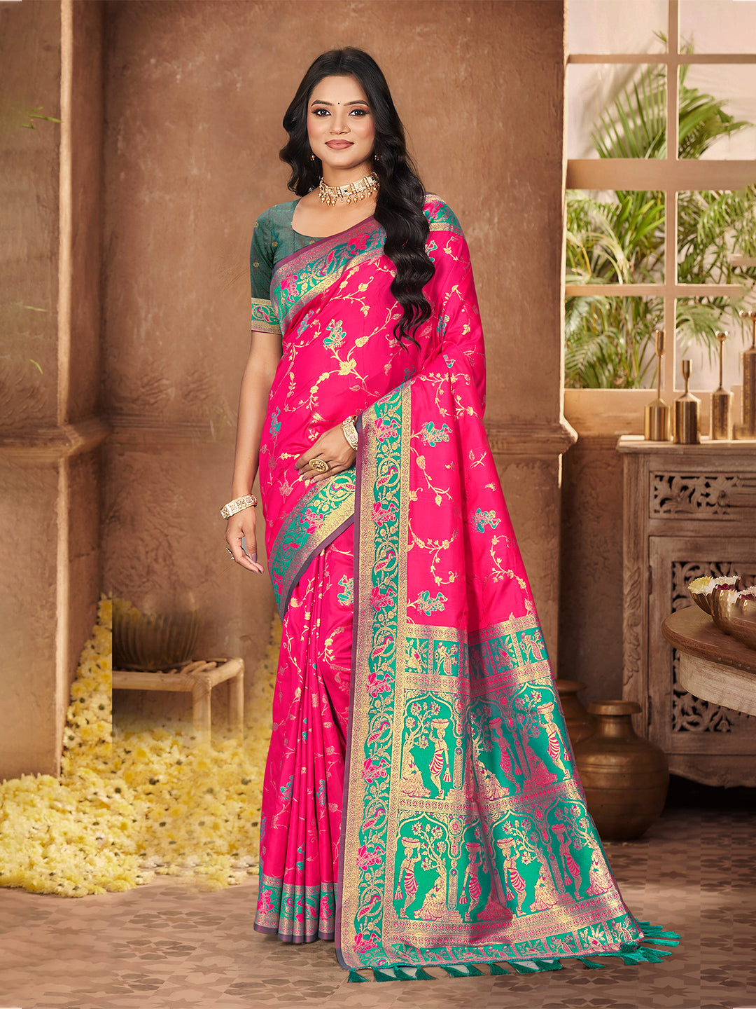 Sangam Prints Rani Pink Silk Woven Work Traditional Saree - Distacart