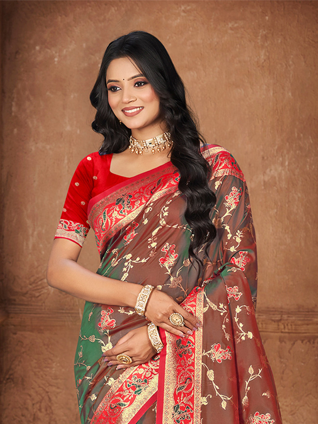 Sangam Prints Brown  Silk Woven Work Traditional Saree - Distacart
