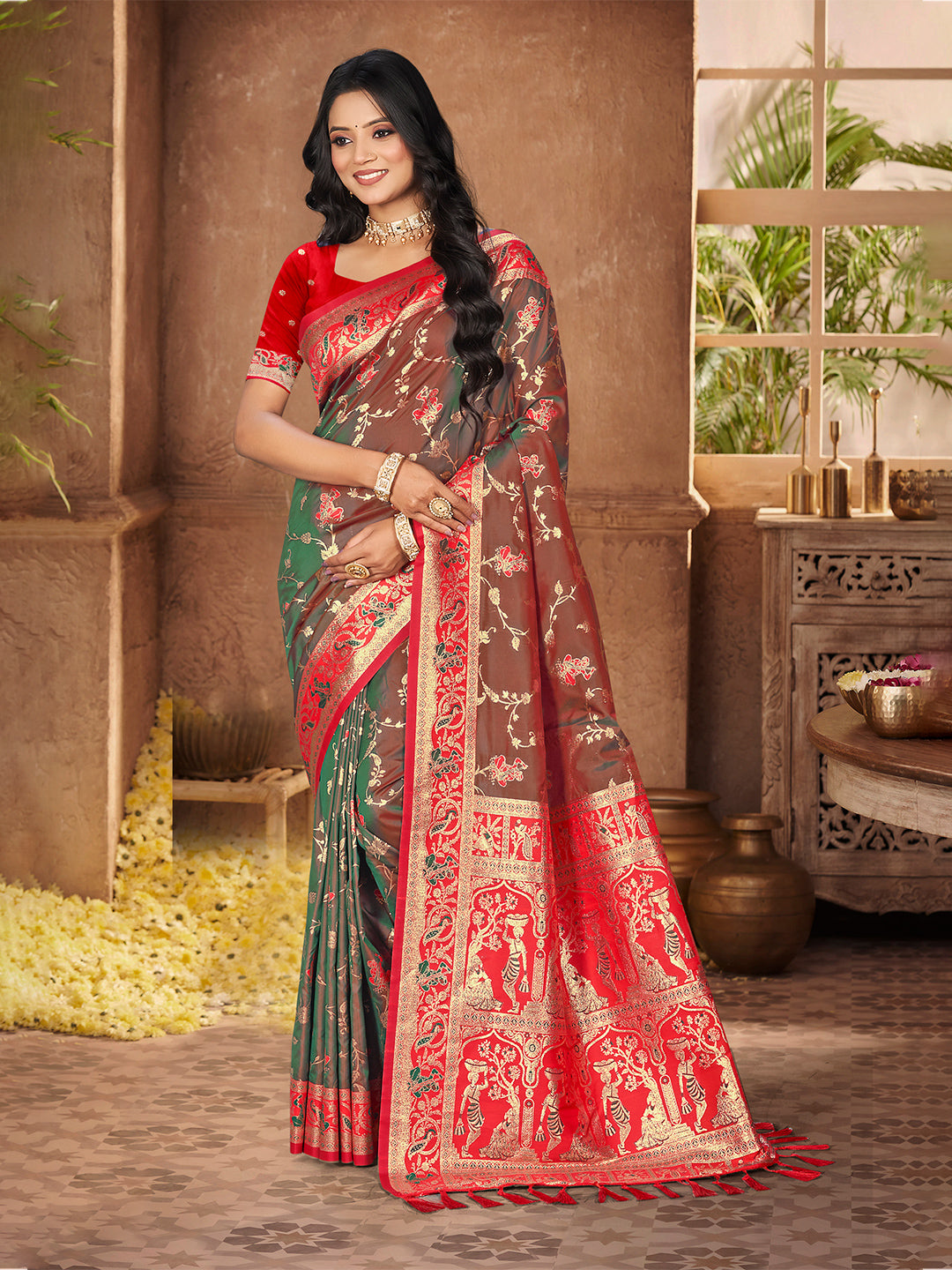 Sangam Prints Brown  Silk Woven Work Traditional Saree - Distacart