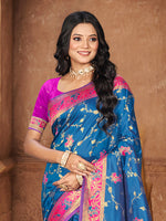 Thumbnail for Sangam Prints Peacock Blue Silk Woven Work Traditional Saree