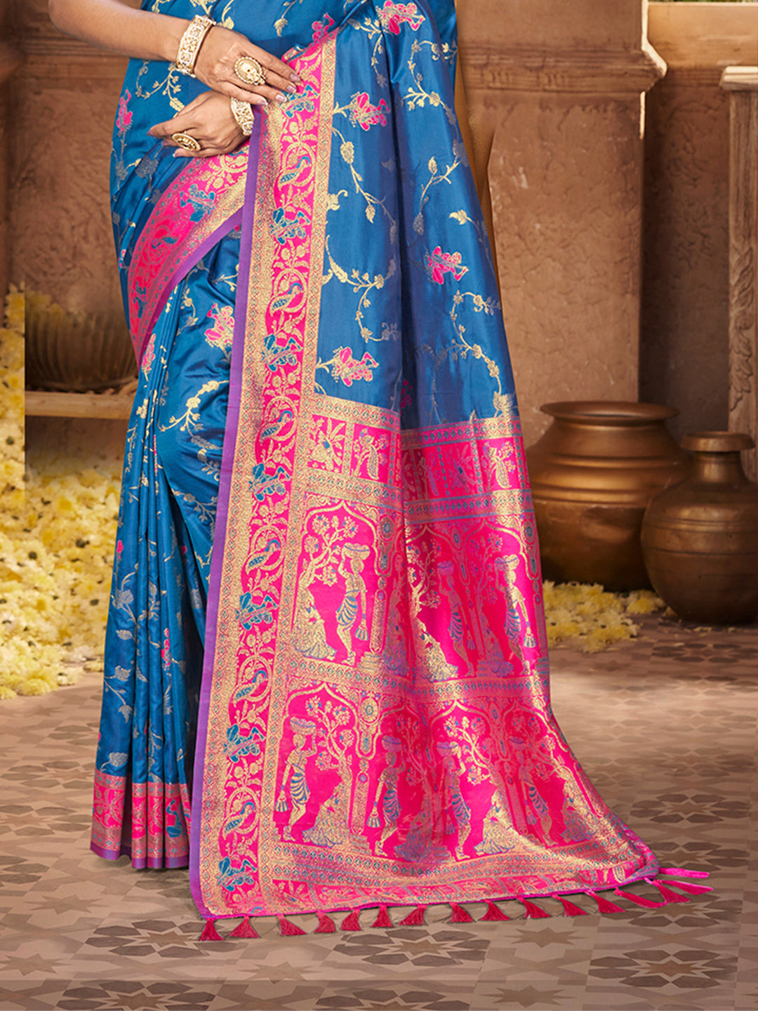 Sangam Prints Peacock Blue Silk Woven Work Traditional Saree