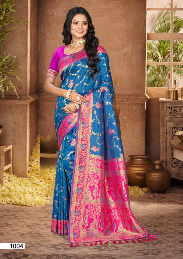 Prazu Fashion Aqua Blue Silk Weaving Wedding Wear Saree