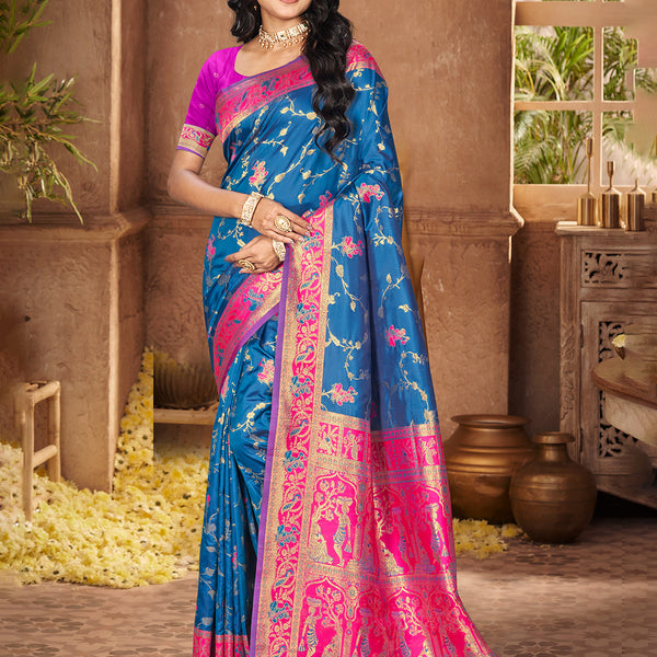 Sangam Prints Peacock Blue Silk Woven Work Traditional Saree