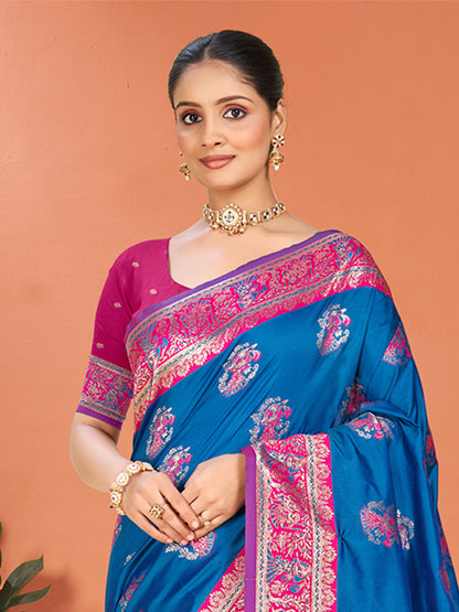 Sangam Prints Blue Silk Woven Work Traditional Saree - Distacart