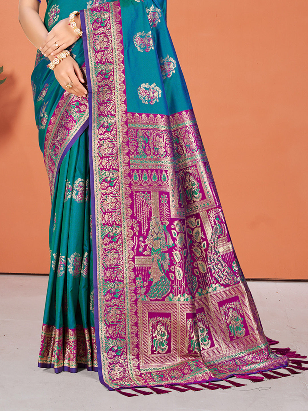 Sangam Prints Teal Blue Silk Woven Work Traditional Saree