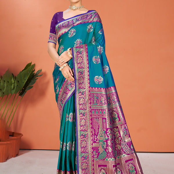 Sangam Prints Teal Blue Silk Woven Work Traditional Saree
