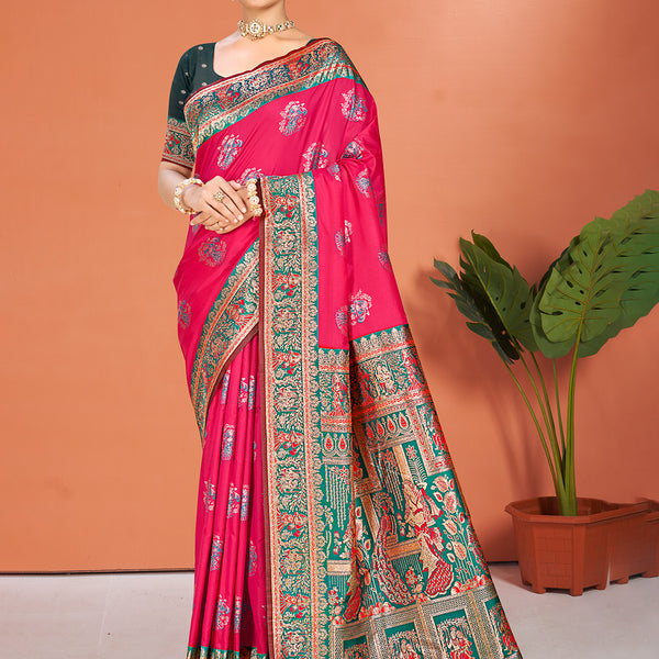 Sangam Prints Rani Pink Silk Woven Work Traditional Saree