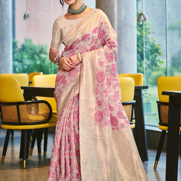 Prazu Fashion Pink Cotton Silk Weaving Wedding Wear Saree