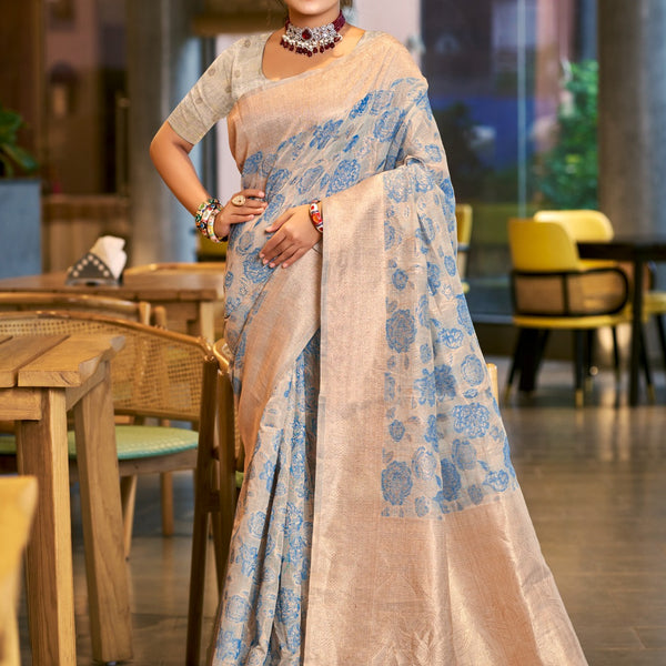 Prazu Fashion Sky Blue Cotton Silk Weaving Wedding Wear Saree