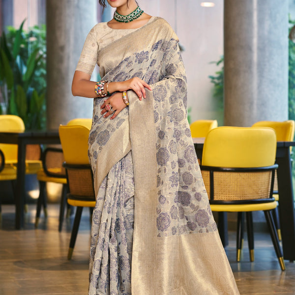Prazu Fashion Light Grey Cotton Silk Weaving Wedding Wear Saree