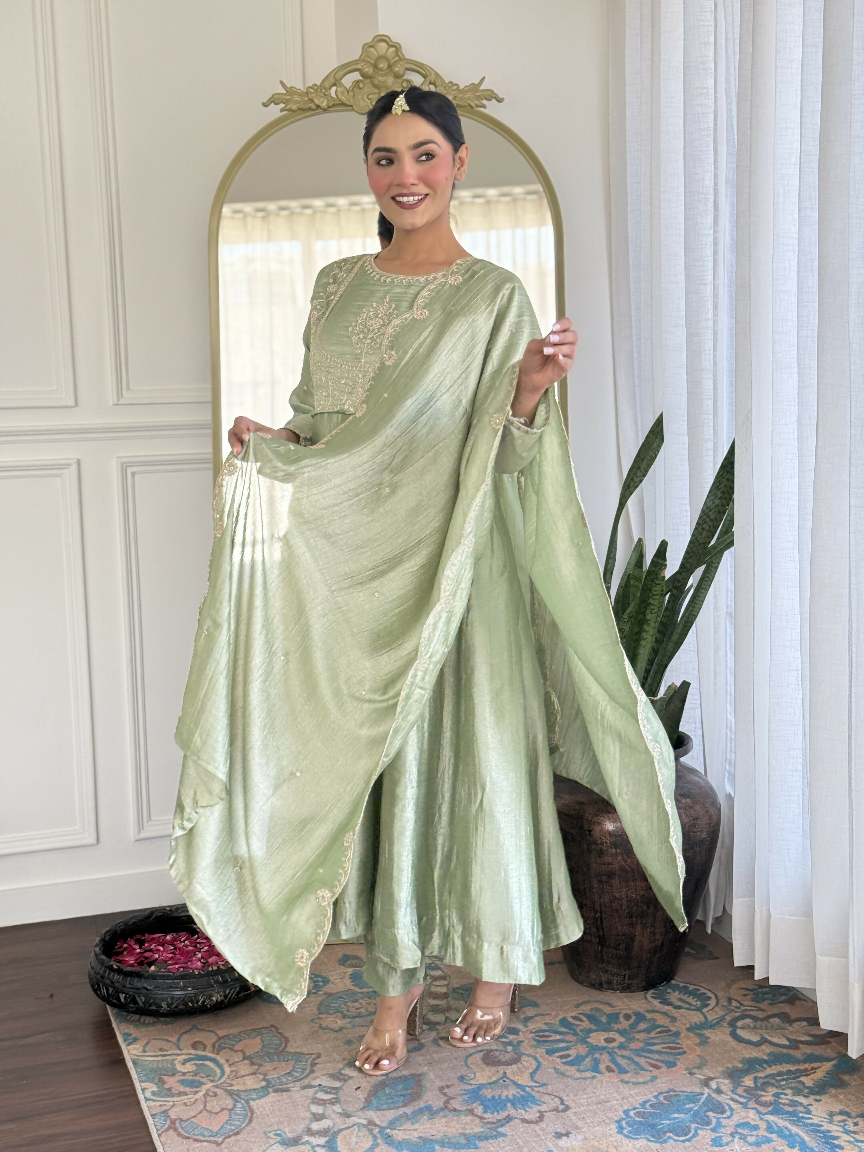 The52 Pista Women's Gorgeous Embroidered Vichitra Silk Fabric Flared Kurta Pant with Dupatta Set - Distacart