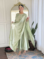 Thumbnail for The52 Pista Women's Gorgeous Embroidered Vichitra Silk Fabric Flared Kurta Pant with Dupatta Set - Distacart