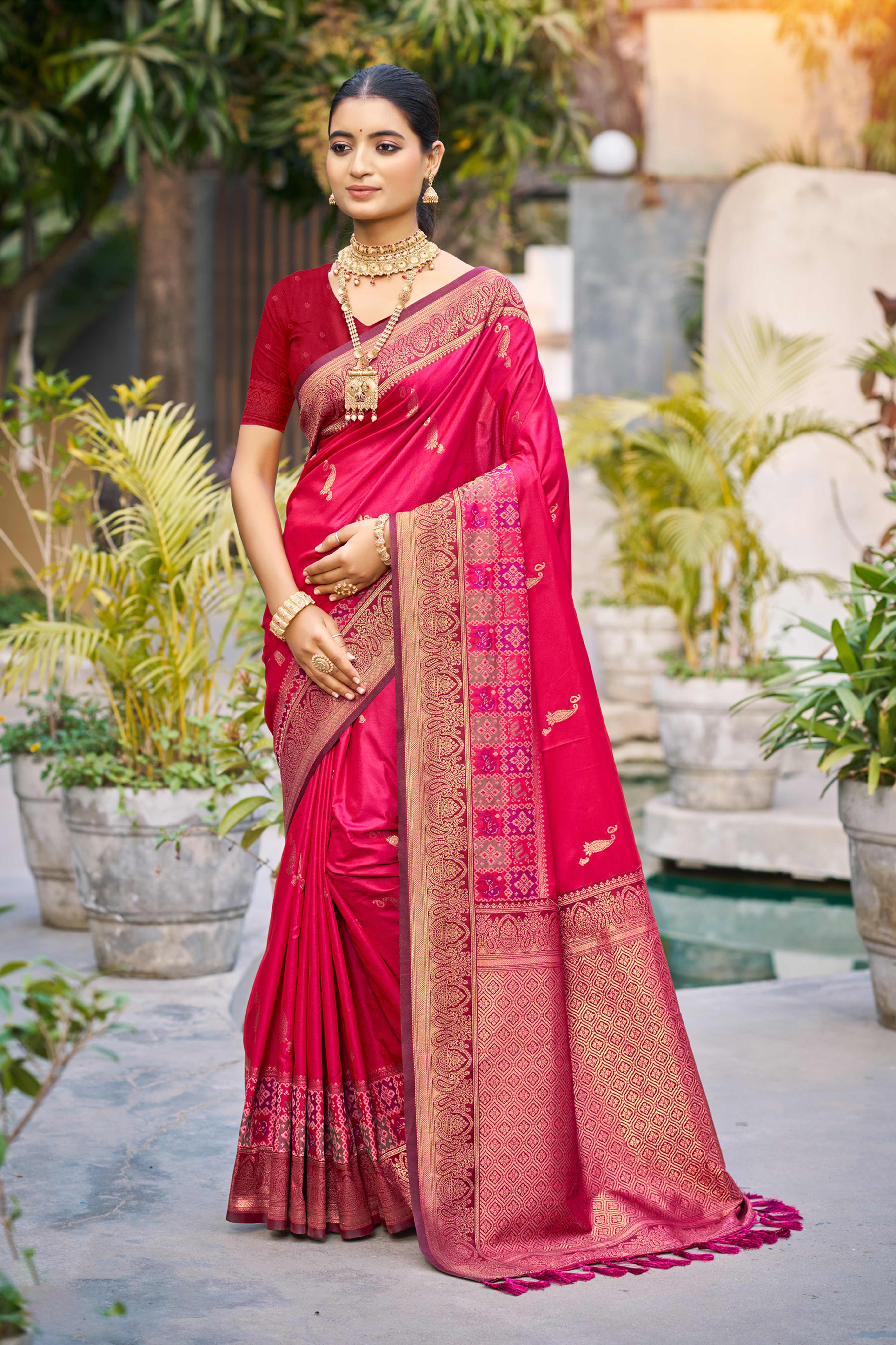 Sangam Prints Rani Pink Soft Silk Woven Work Traditional Saree - Dista