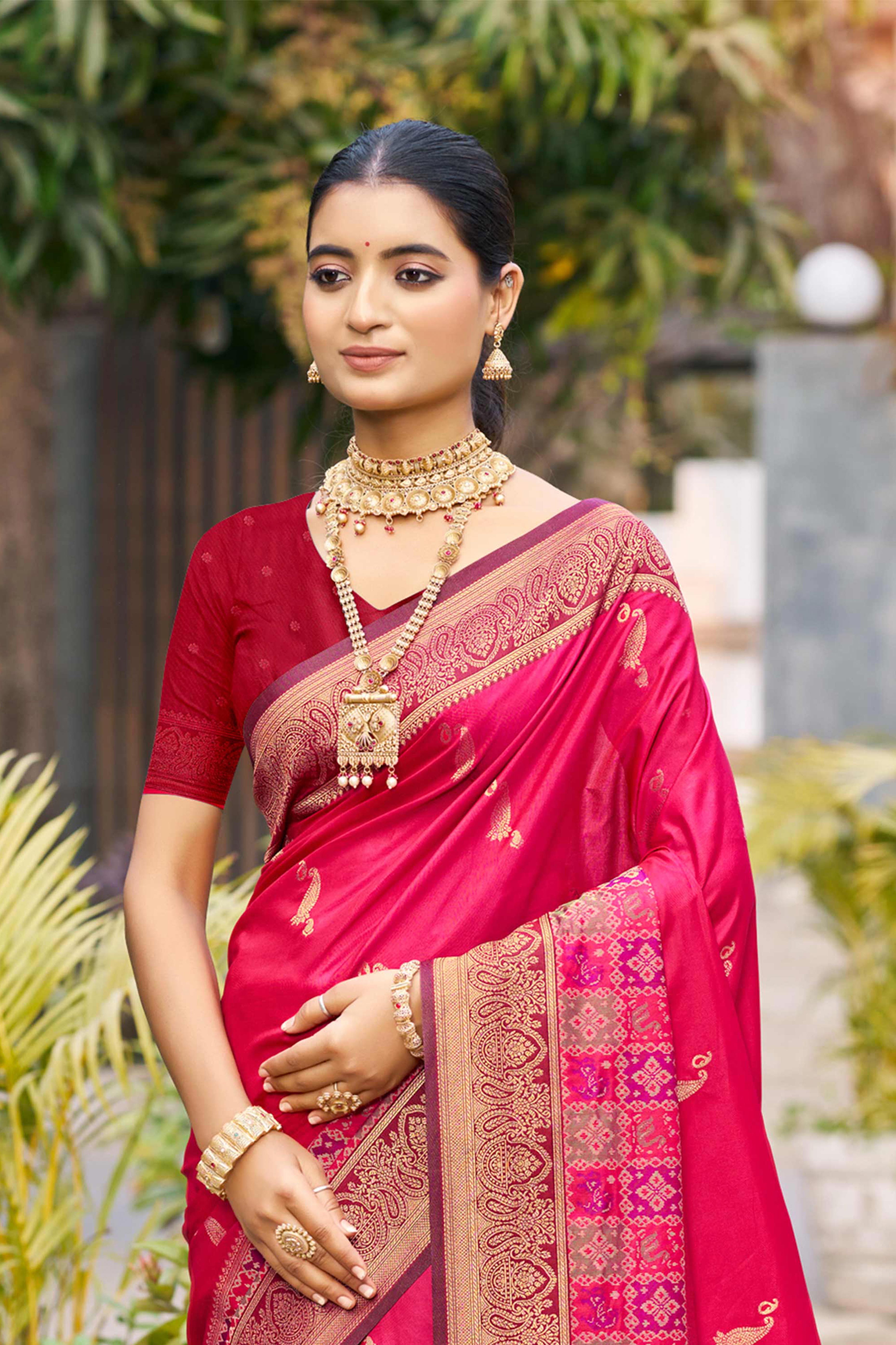 Sangam Prints Rani Pink Soft Silk Woven Work Traditional Saree - Dista