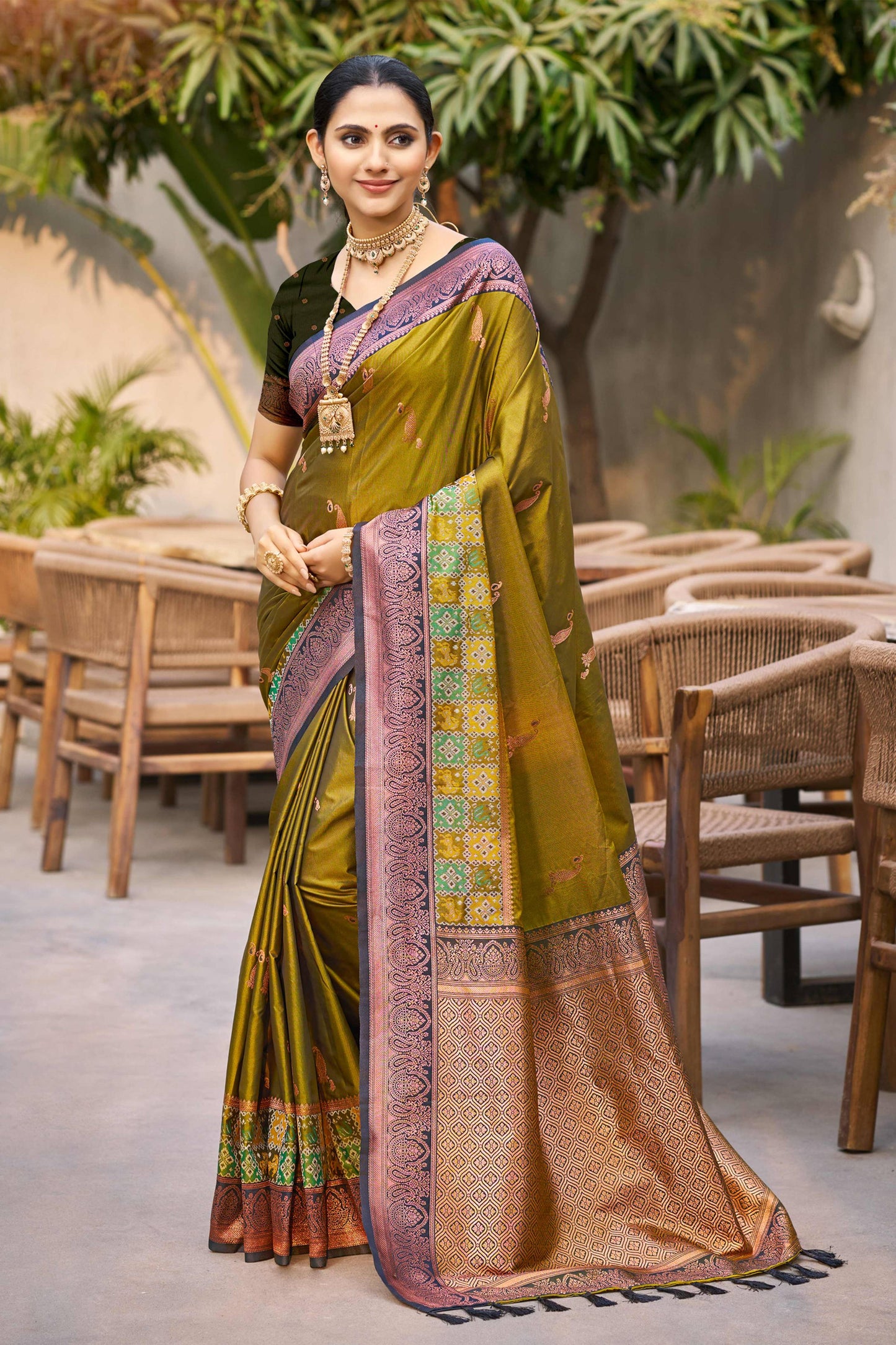 Sangam Prints Olive Green Soft Silk Woven Work Traditional Saree - Dista