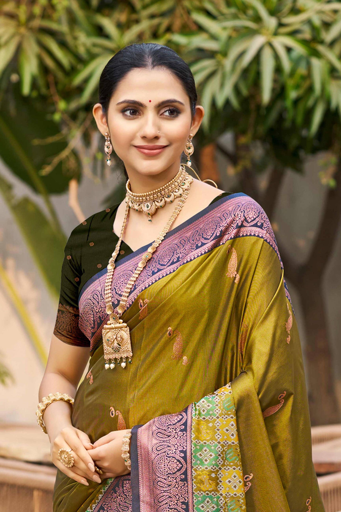 Sangam Prints Olive Green Soft Silk Woven Work Traditional Saree - Dista
