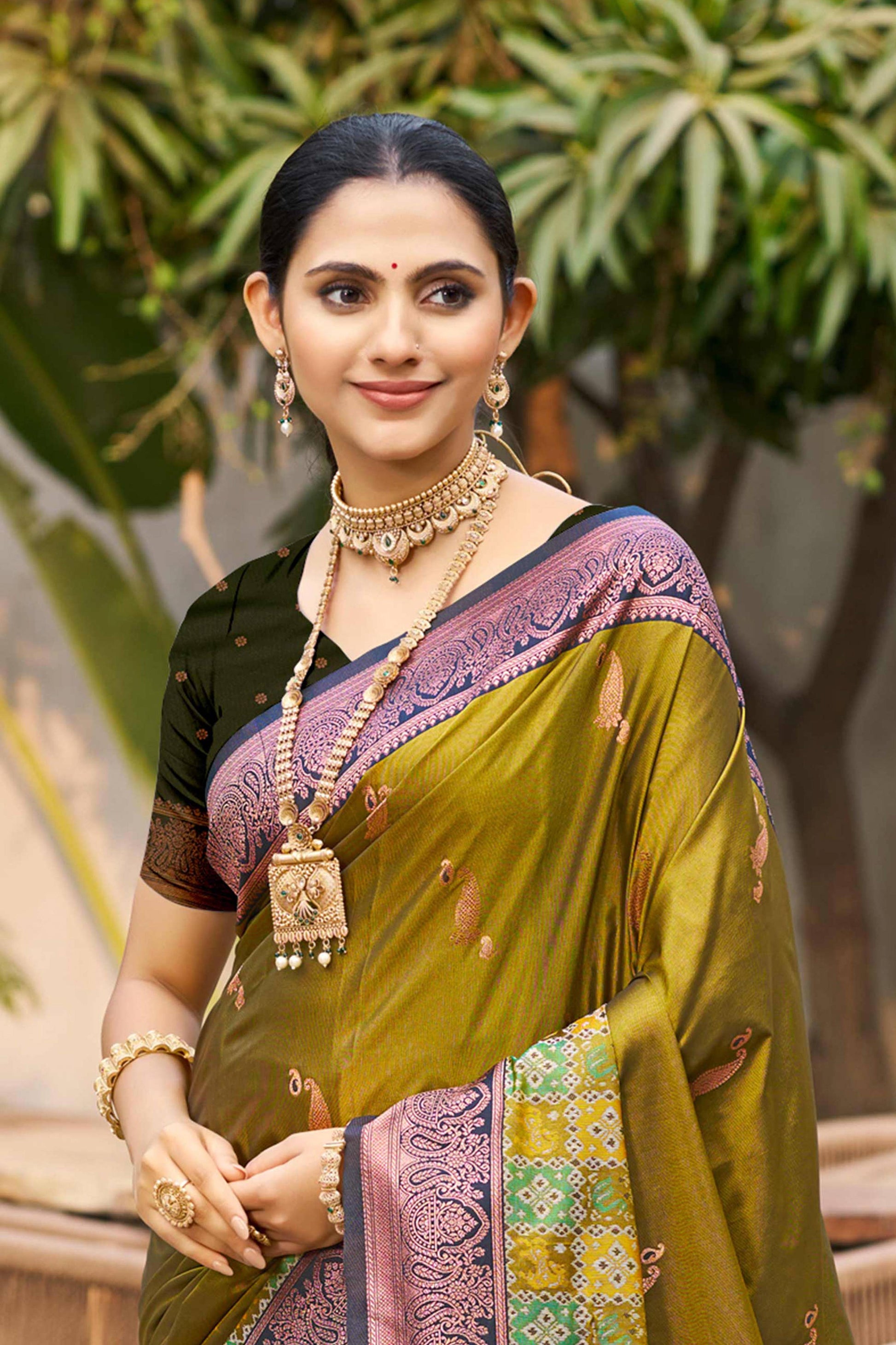 Sangam Prints Olive Green Soft Silk Woven Work Traditional Saree - Dista