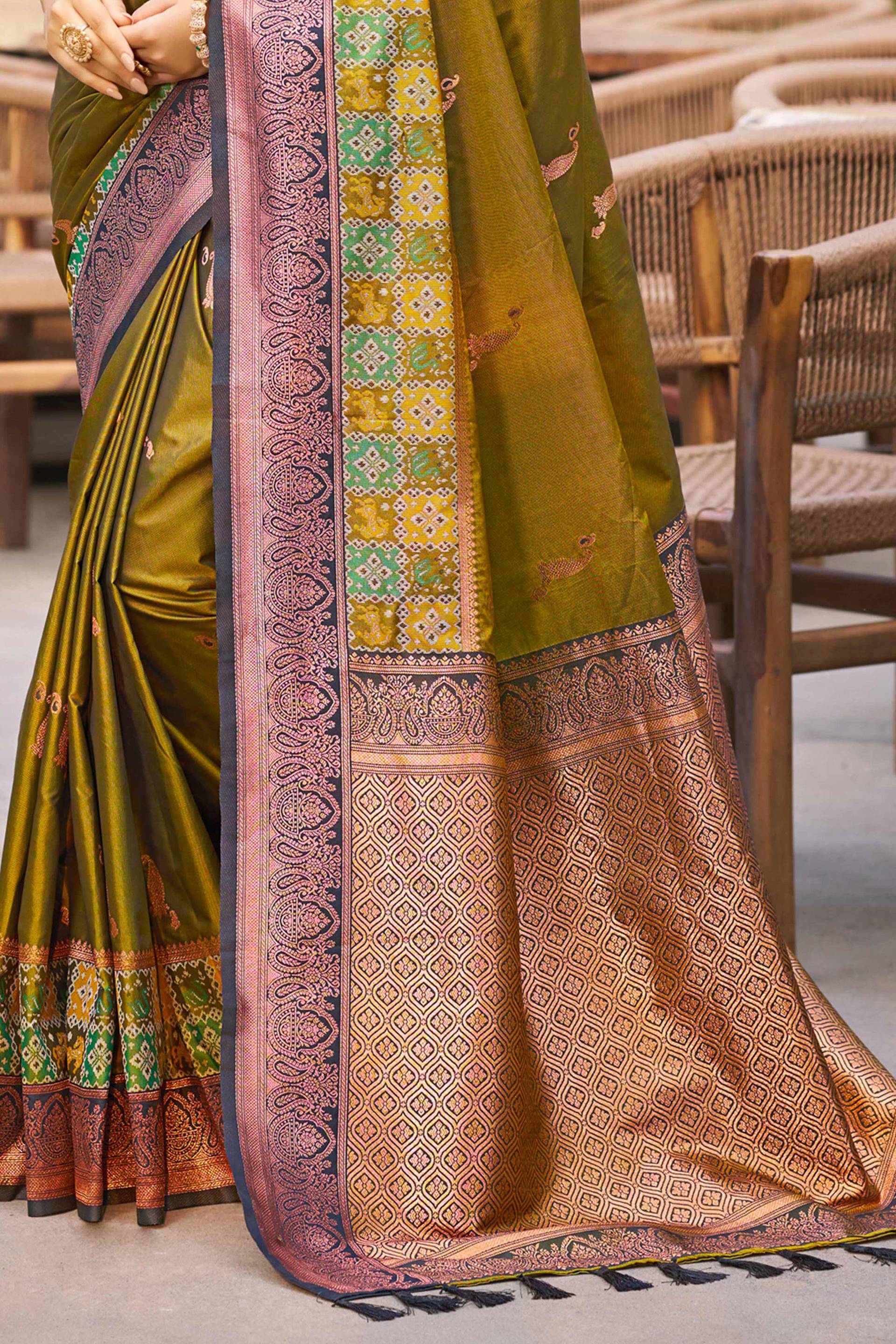 Sangam Prints Olive Green Soft Silk Woven Work Traditional Saree - Dista