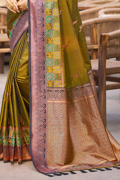 Sangam Prints Olive Green Soft Silk Woven Work Traditional Saree - Dista