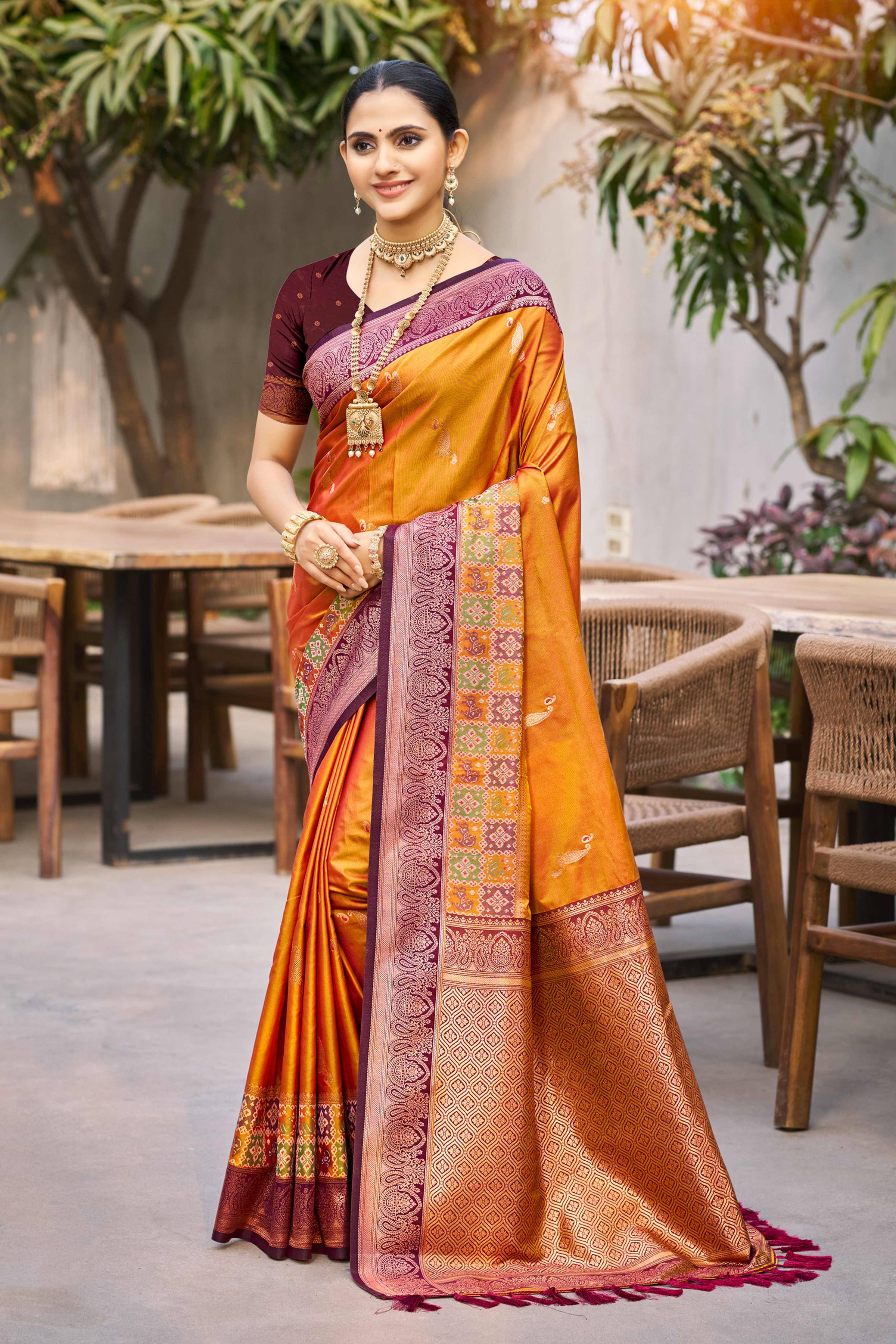 Sangam Prints Mustard Orange Soft Silk Woven Work Traditional Saree - Dista