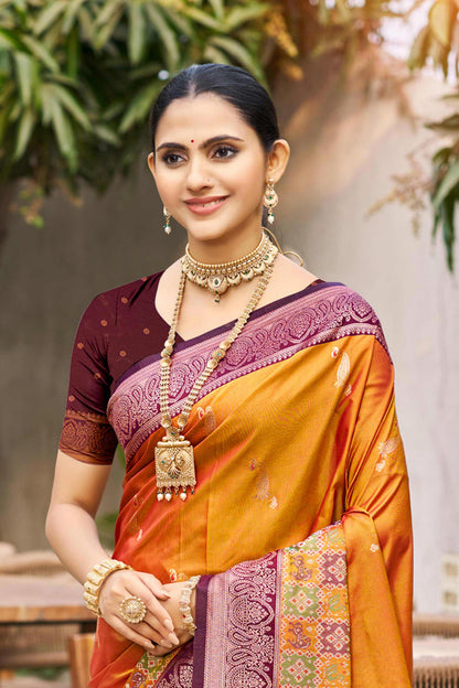 Sangam Prints Mustard Orange Soft Silk Woven Work Traditional Saree - Dista