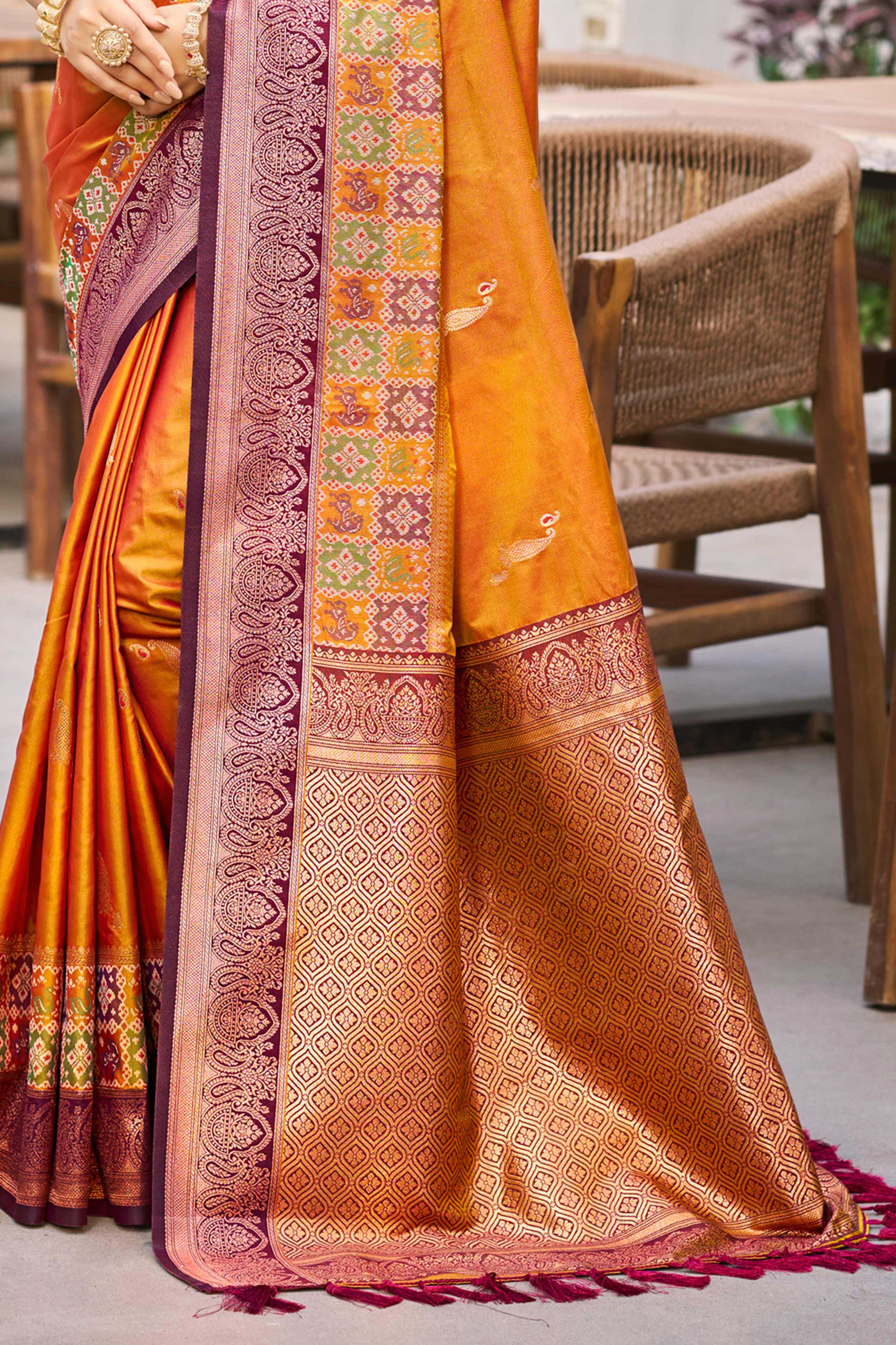 Sangam Prints Mustard Orange Soft Silk Woven Work Traditional Saree - Dista