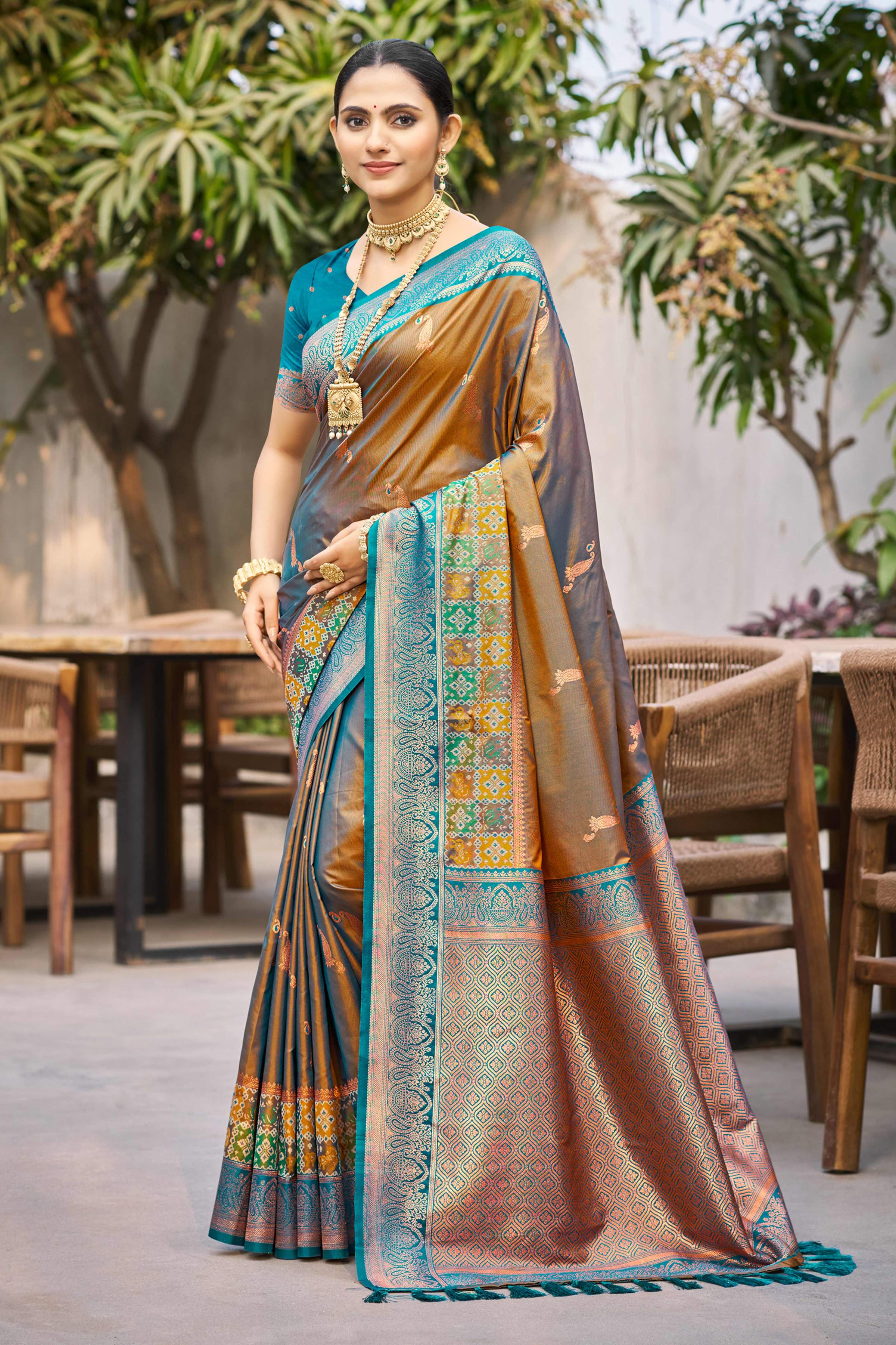Sangam Prints Copper Brown Soft Silk Woven Work Traditional Saree - Dista
