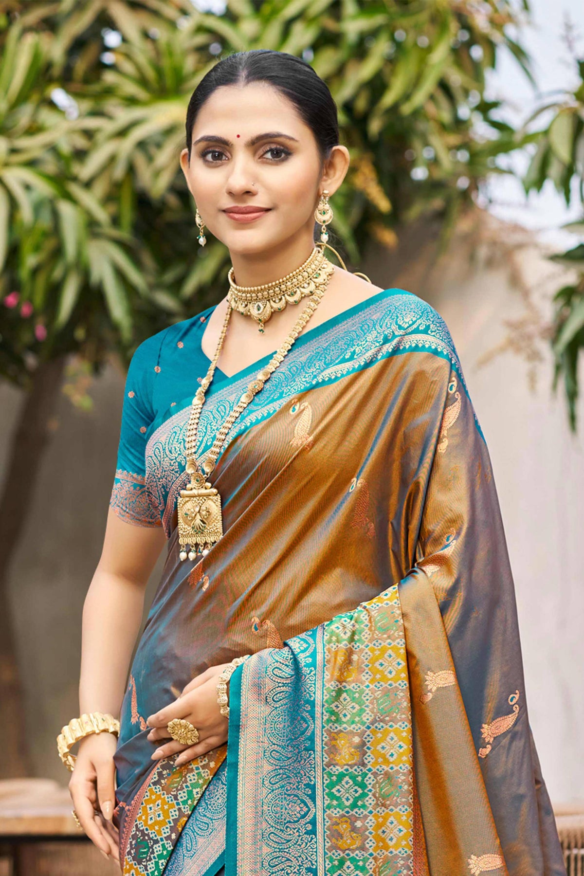 Sangam Prints Copper Brown Soft Silk Woven Work Traditional Saree - Dista