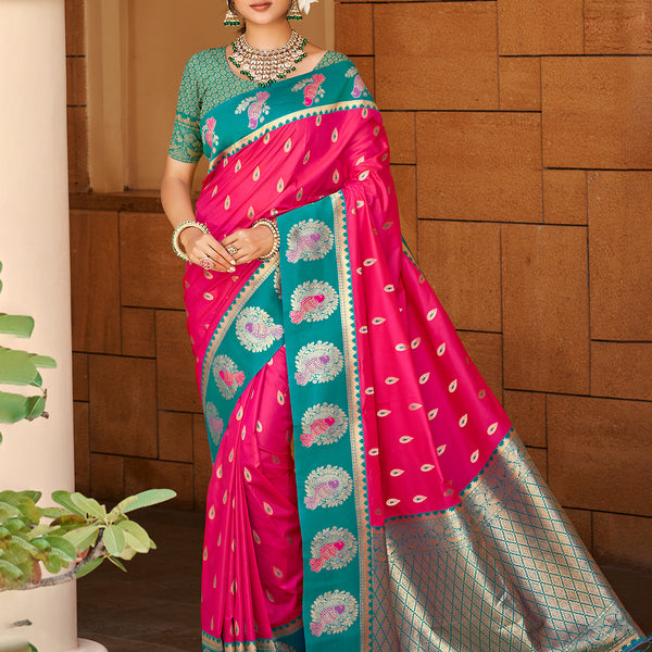 Sangam Prints Dark Pink Silk Woven Work Traditional Saree