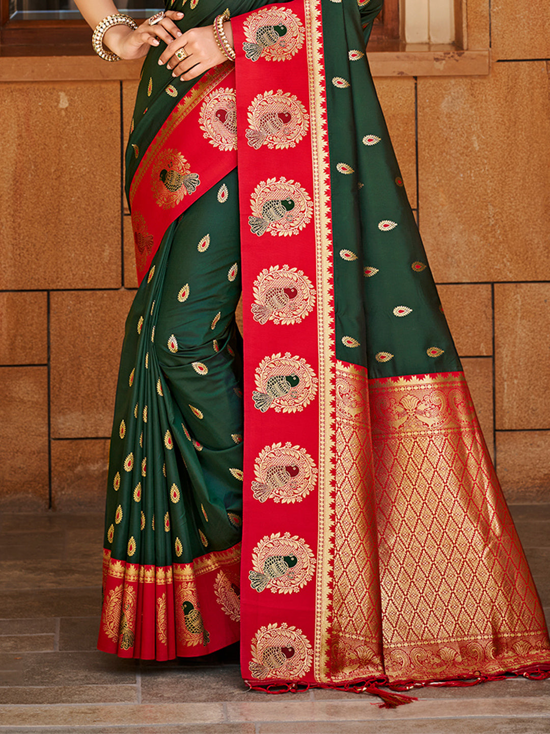 Sangam Prints Dark Green  Silk Woven Work Traditional Saree