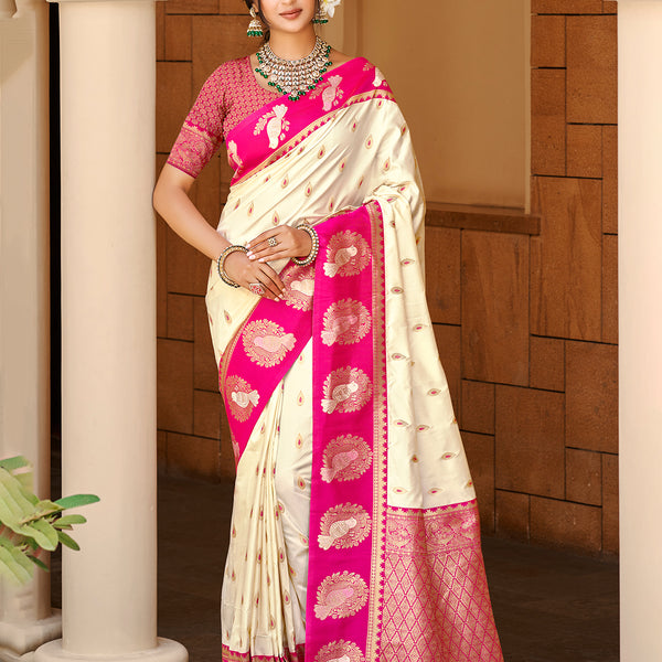Sangam Prints Beige Silk Woven Work Traditional Saree