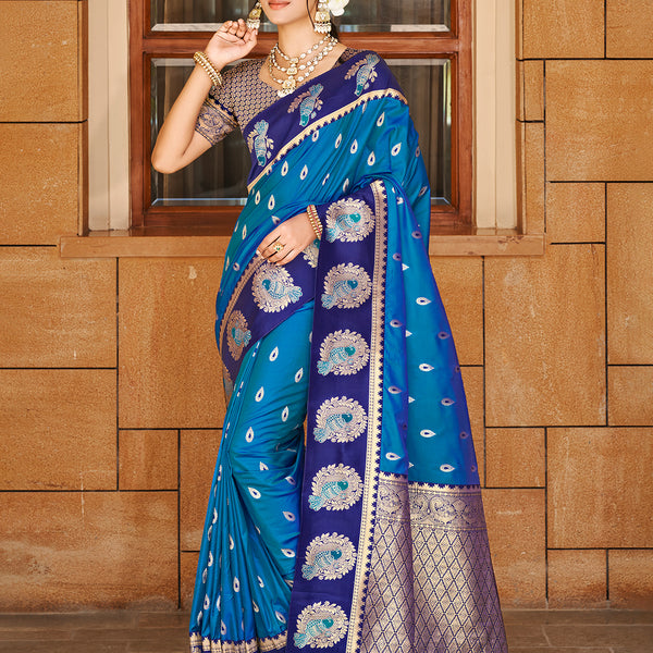 Sangam Prints Blue Silk Woven Work Traditional Saree
