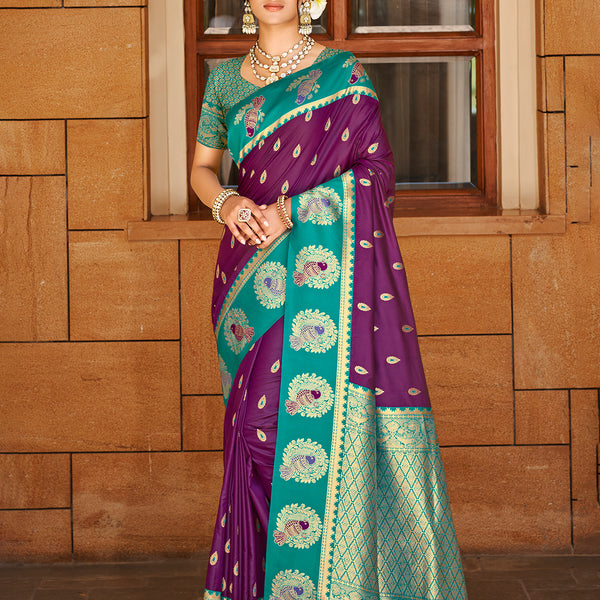 Sangam Prints Wine  Silk Woven Work Traditional Saree