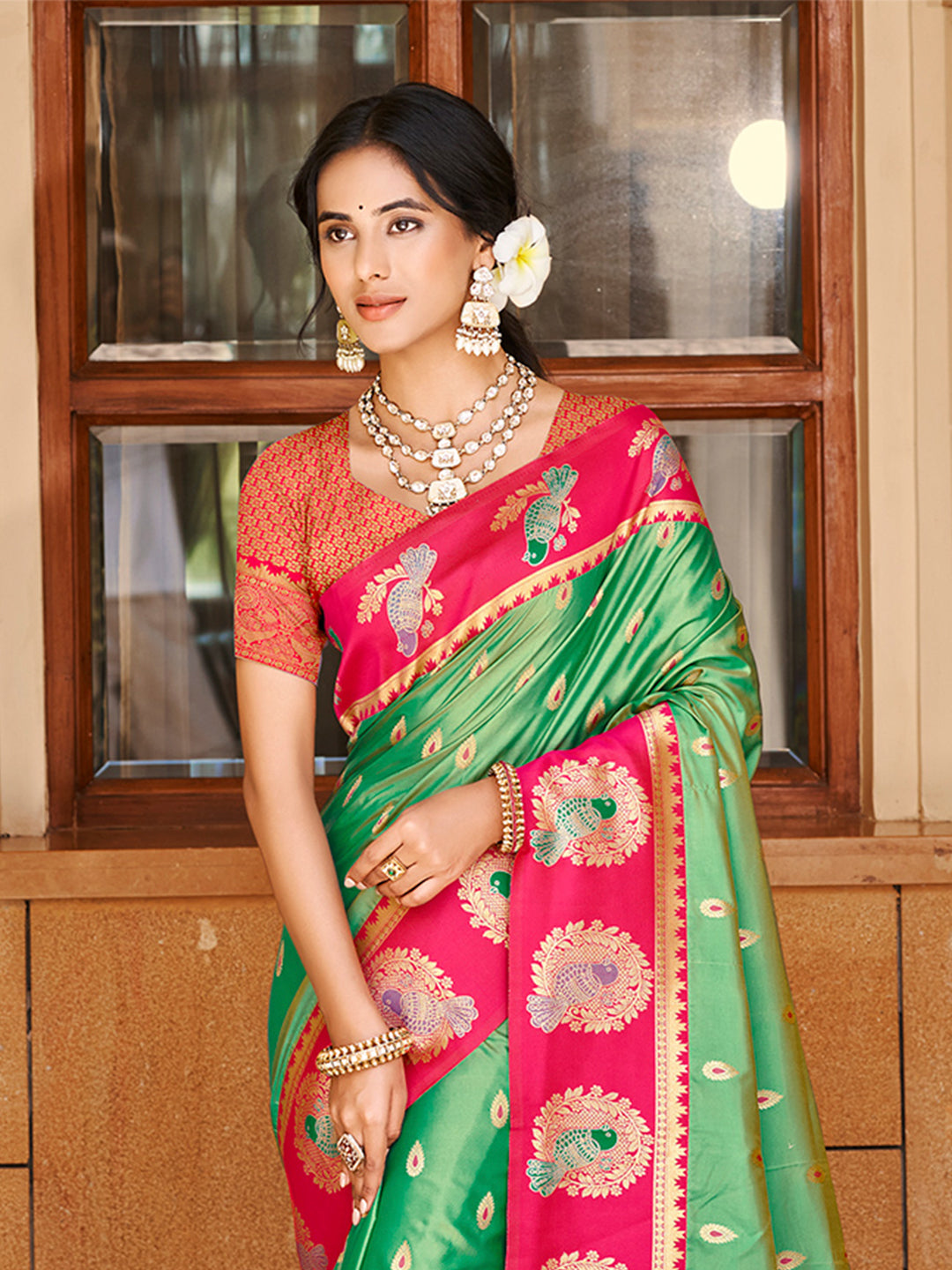 Sangam Prints Green Silk Woven Work Traditional Saree - Distacart