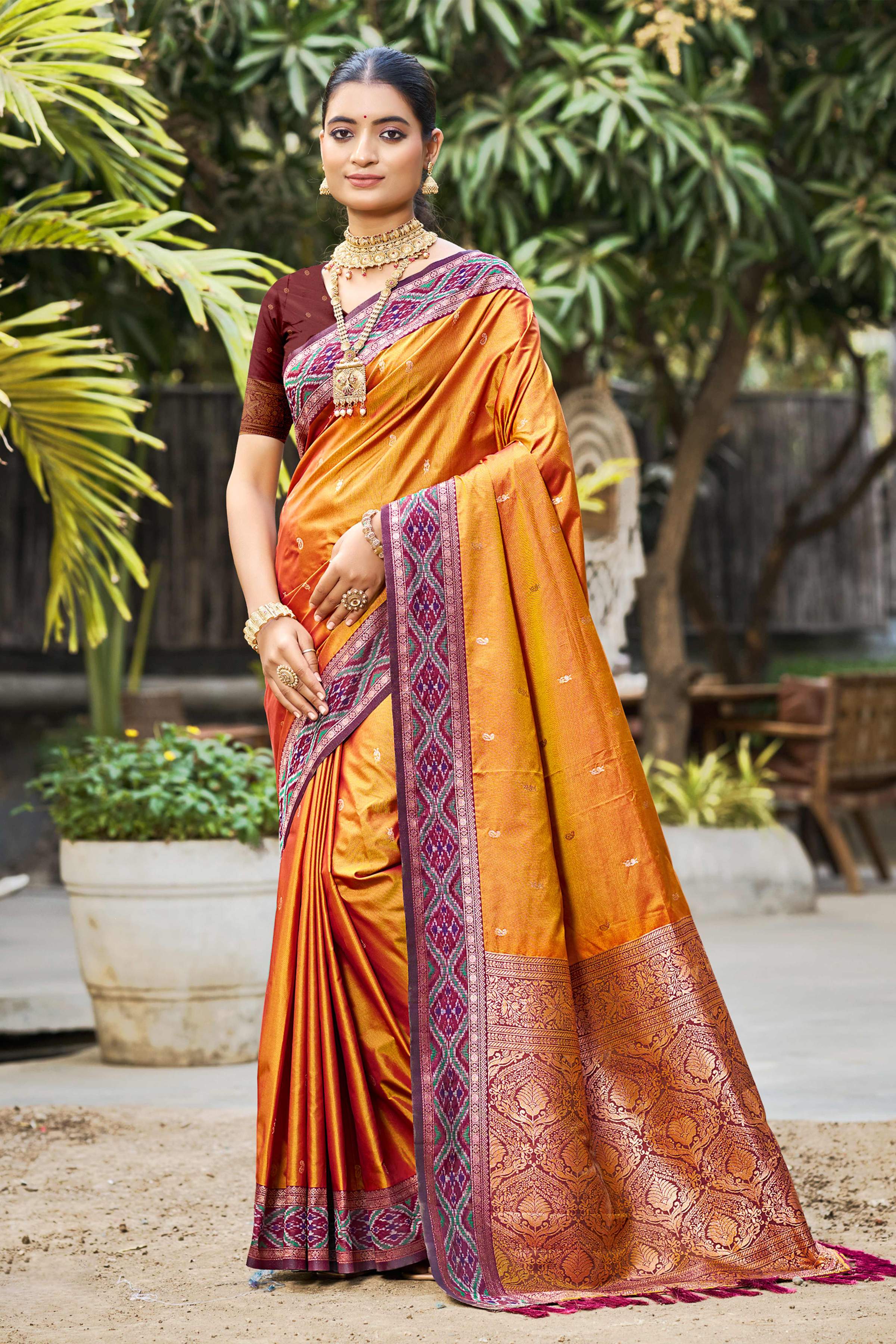 Sangam Prints Rust Orange Soft Silk Woven Work Traditional Saree - Dista