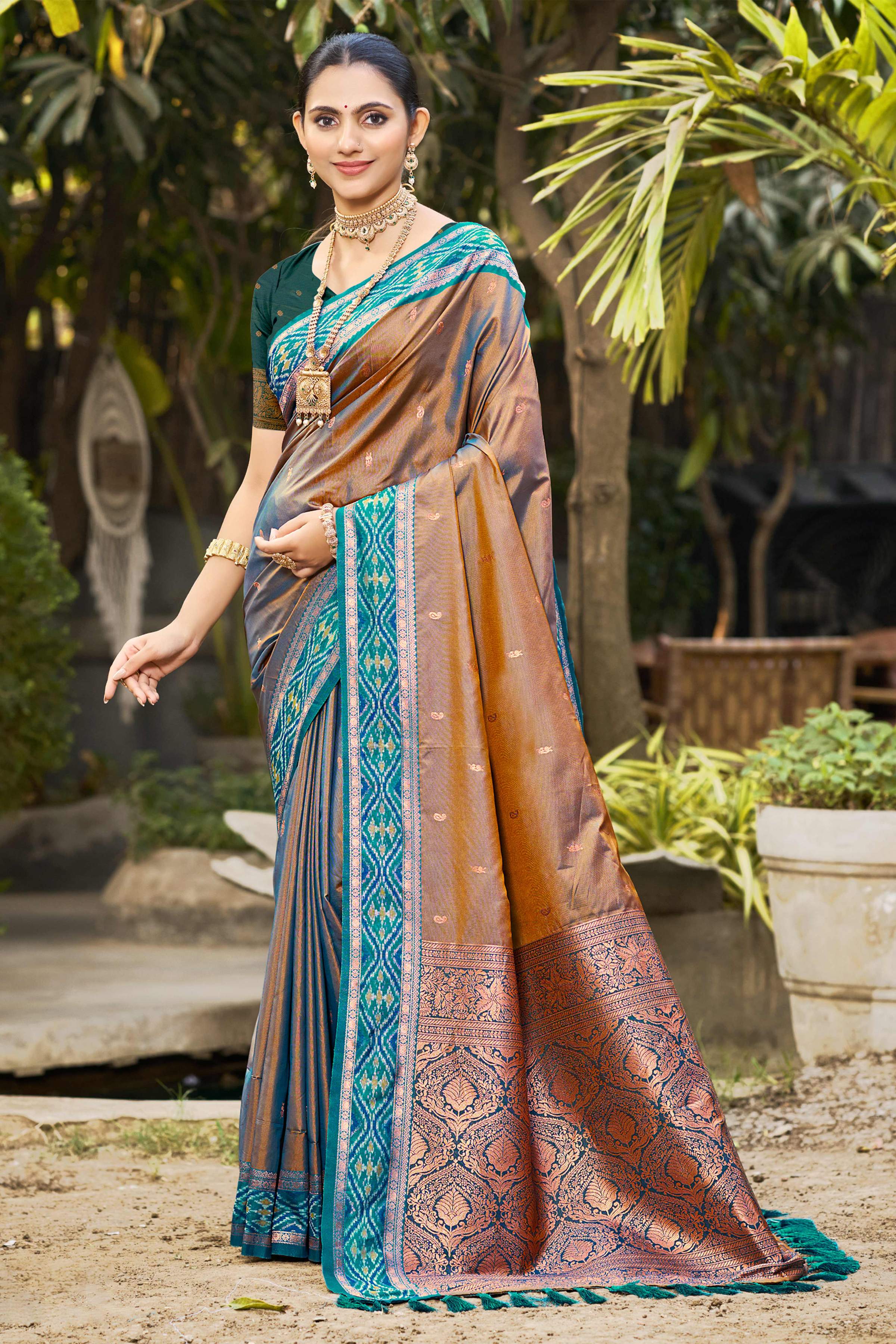 Sangam Prints Copper Brown Soft Silk Woven Work Traditional Saree - Dista