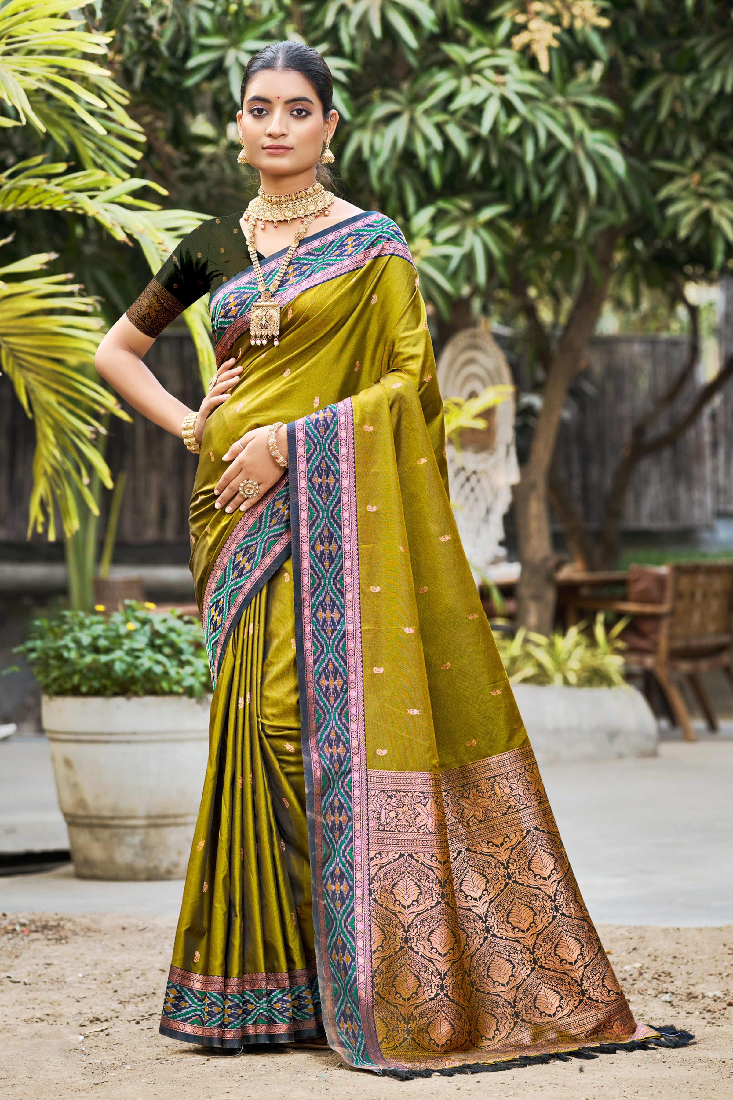 Sangam Prints Olive Green Soft Silk Woven Work Traditional Saree - Dista