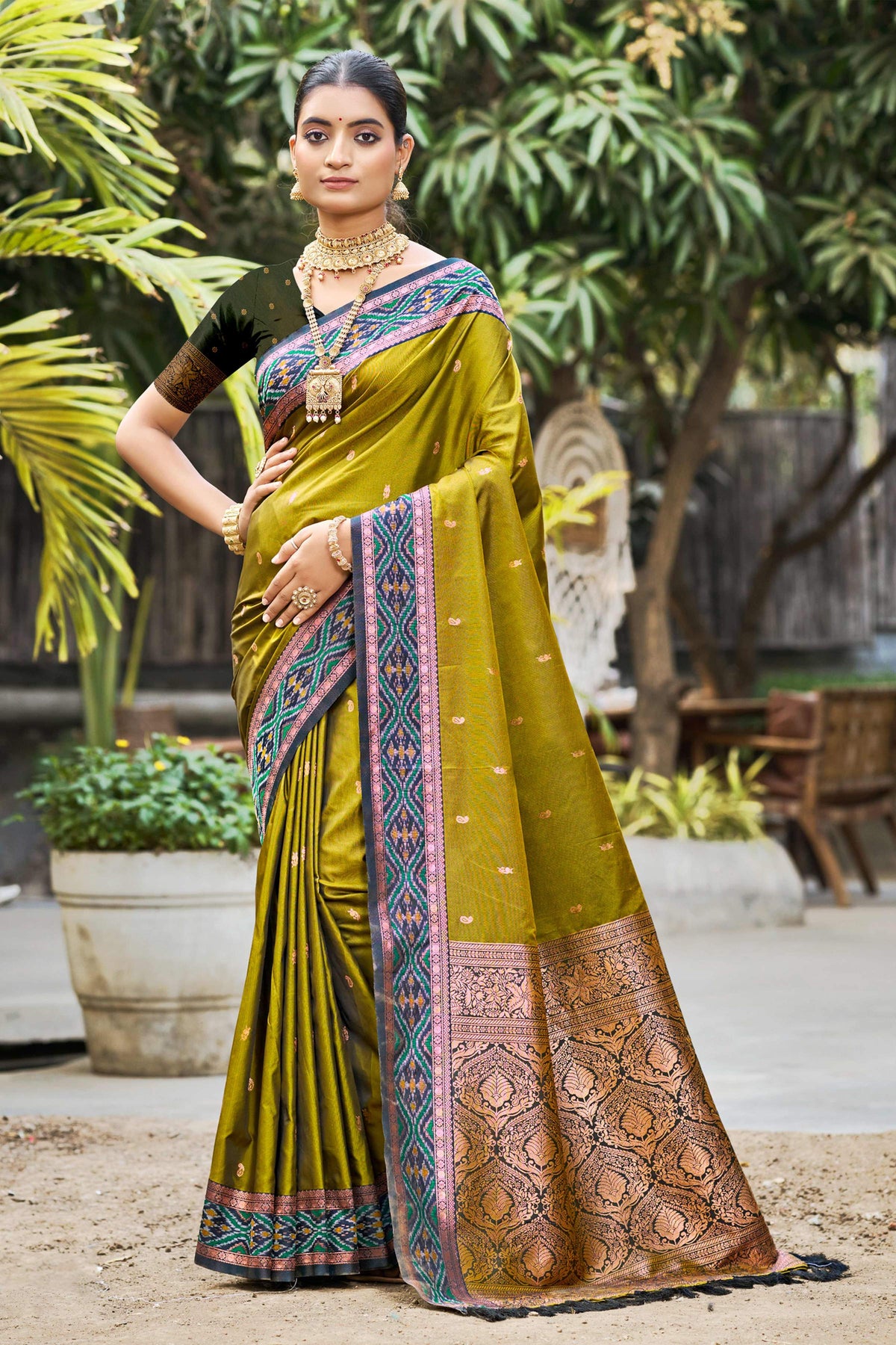 Sangam Prints Olive Green Soft Silk Woven Work Traditional Saree - Dista