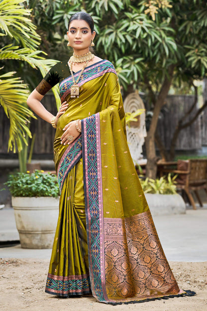 Sangam Prints Olive Green Soft Silk Woven Work Traditional Saree - Dista