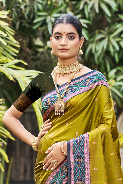 Sangam Prints Olive Green Soft Silk Woven Work Traditional Saree - Dista
