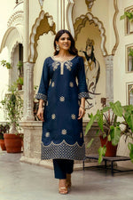 Thumbnail for The52 Navy Blue Women's Beautiful Viscose Chanderi Fabric Thread Work Straight Kurta Pant and Dupatta Set - Distacart