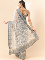Thumbnail for Grey Organza Floral Embroidered Saree with Unstitched Blouse Piece - Roozal - Distacart
