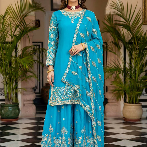 Teeya Creation Sky Chinon Silk Designer Wedding Wear Embroidery Work Palazzo - Distacart