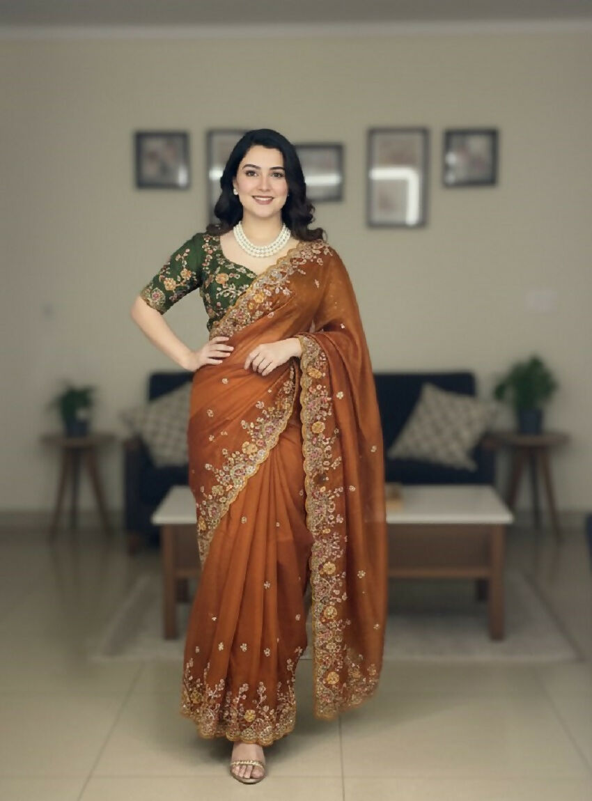 Teeya Creation New Trendy Stylish Party Wear Silk Saree-Orange - Dista