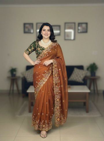 Teeya Creation New Trendy Stylish Party Wear Silk Saree-Orange - Dista