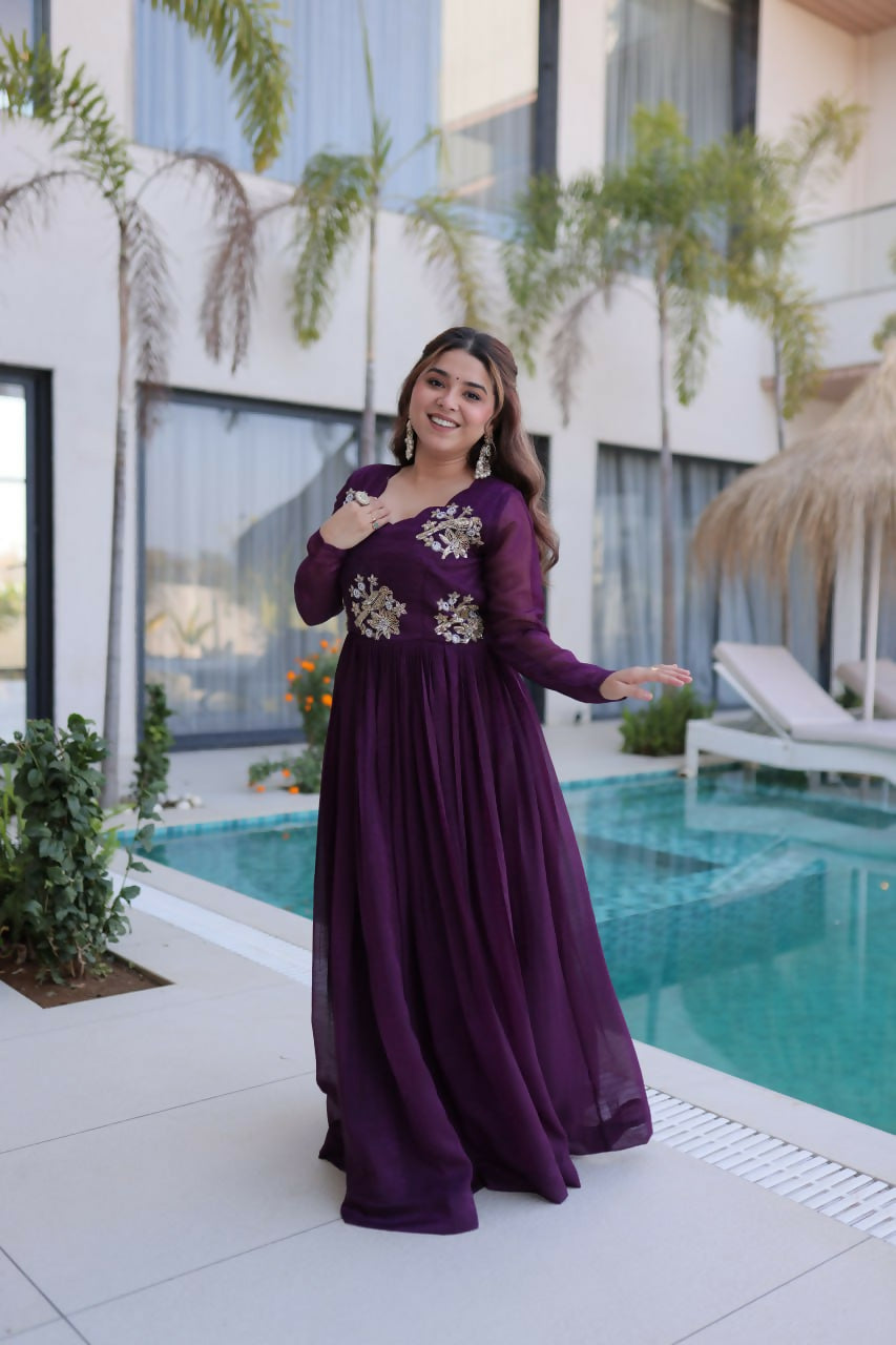 Teeya Creation Womens New Trending Silver Crunchy With Beads Embroidery-Work Gown Set - Dista