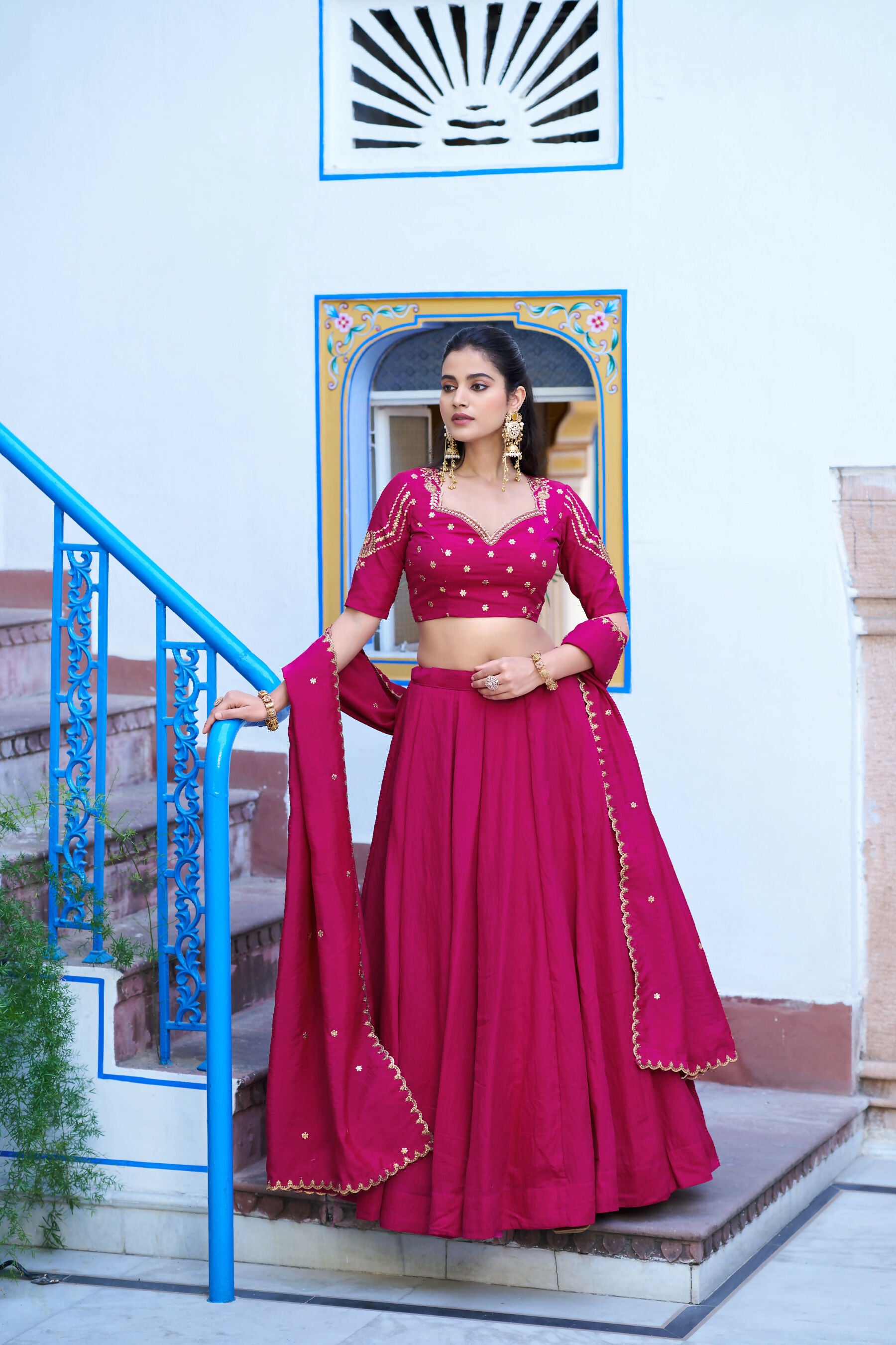 Lorenvalley Fashion Ranipink NC Silk Plain Lehenga Embroidery Work Choli with Dupatta - Dista