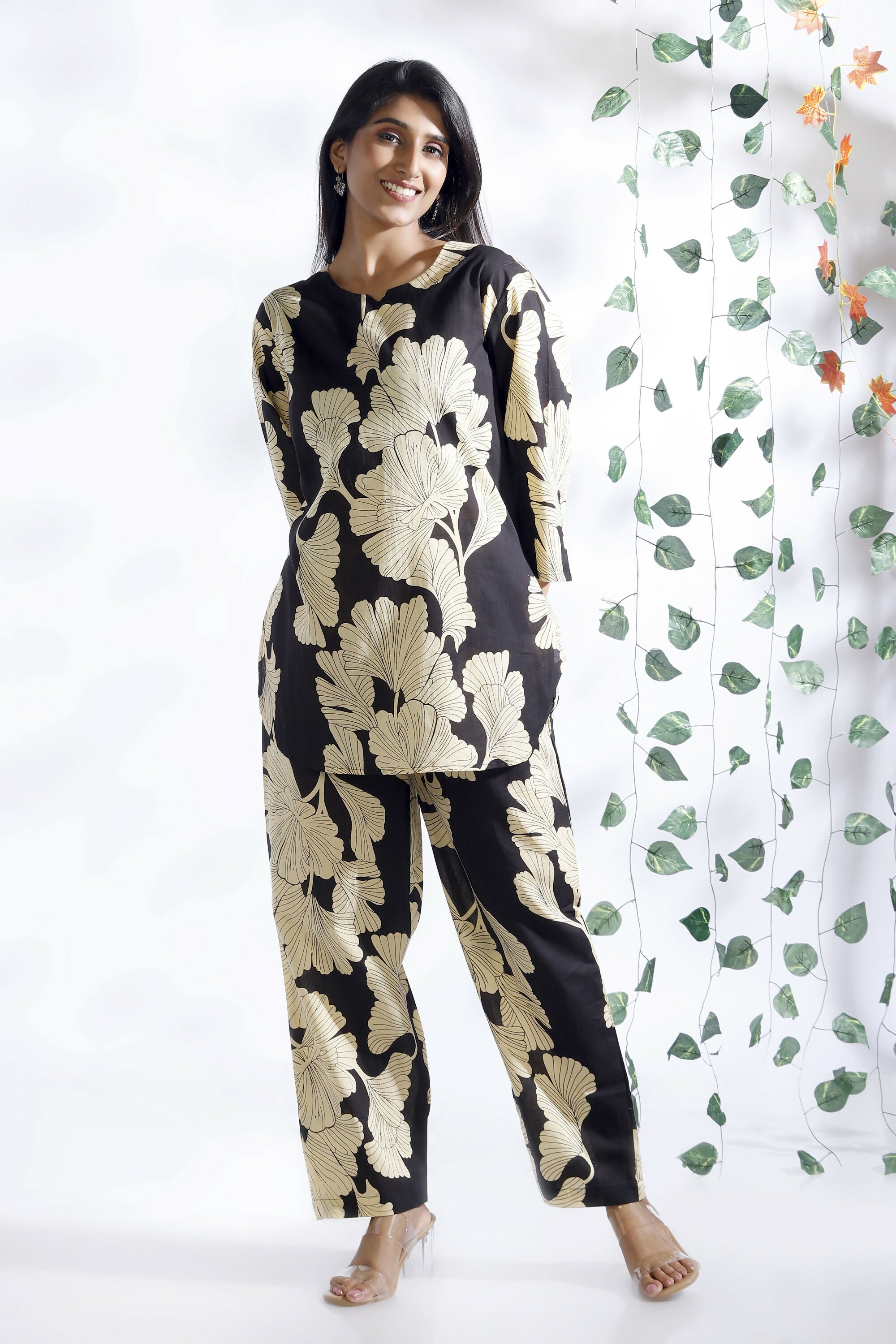 Breathables Black Floral Cotton Kurta & Pant Co-Ord Set - Dista